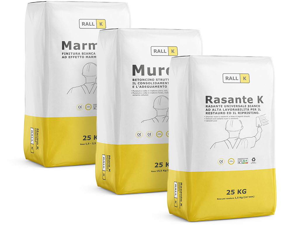 Tre prodotti RALLK: Marmo K, Muro K e Rasante K